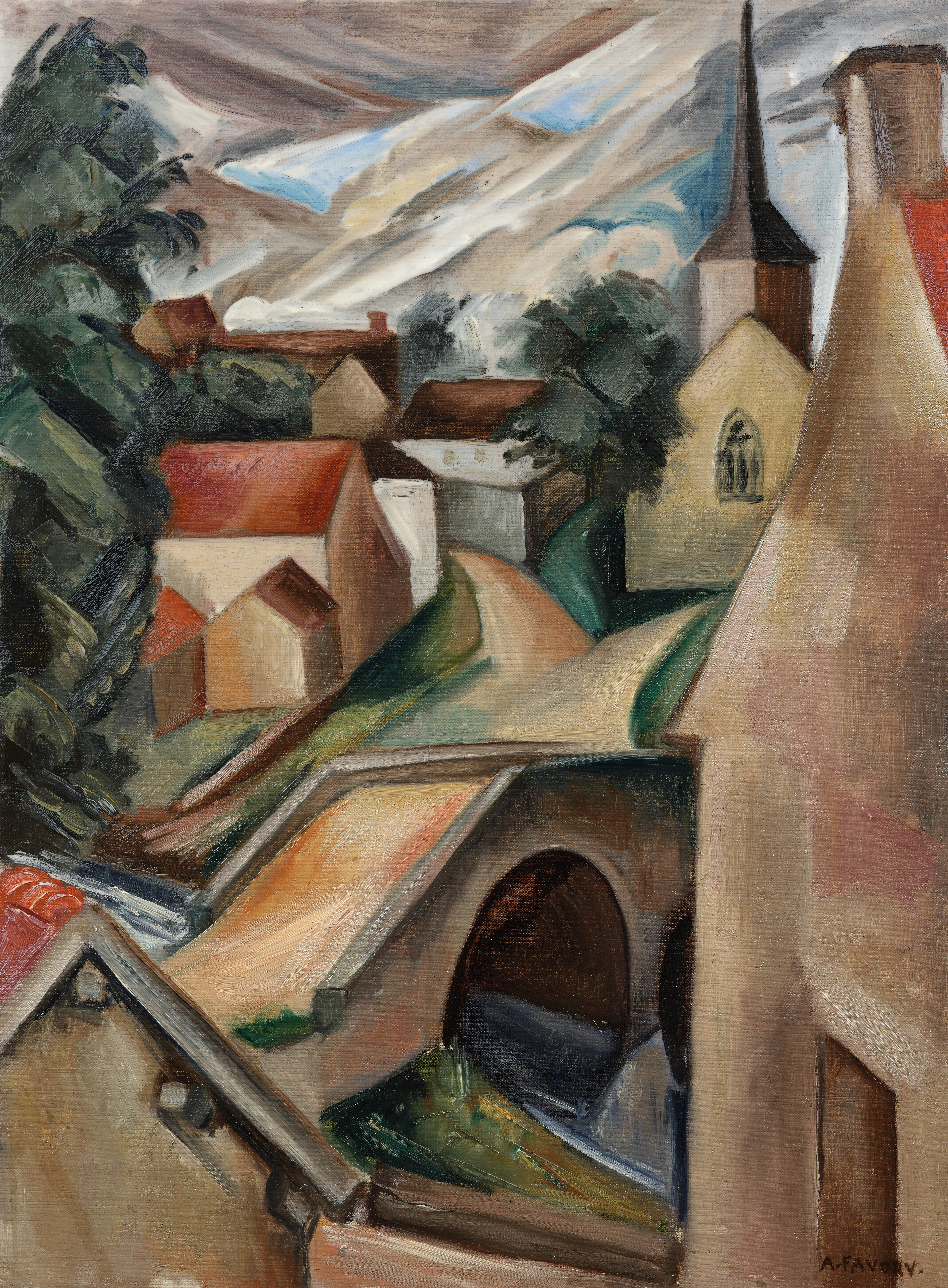 Paysage au pont et à l'église - tableau de André Favory, vendu par la galerie Marek & Sons